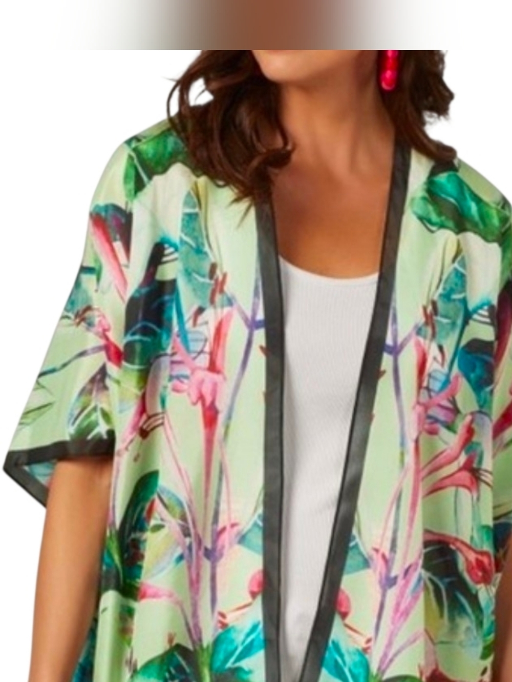 Soft Surroundings Emerald Isle silk topper tropical-themed open-front kimono S/M - Picture 2 of 16